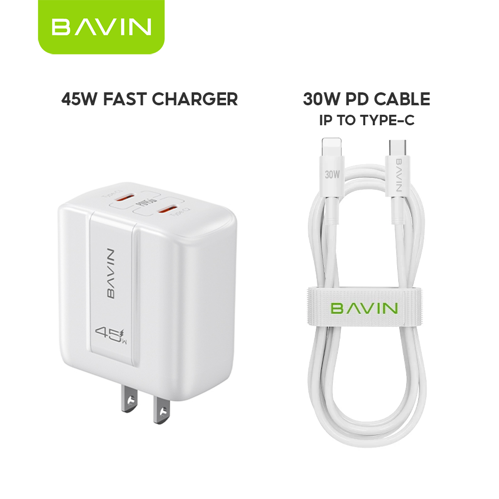 BAVIN PC2187 Portable 45W PD Fast Charger Dual USB C Wall Adapter w/ 1M Cable for iPhone 18/Android/Laptop