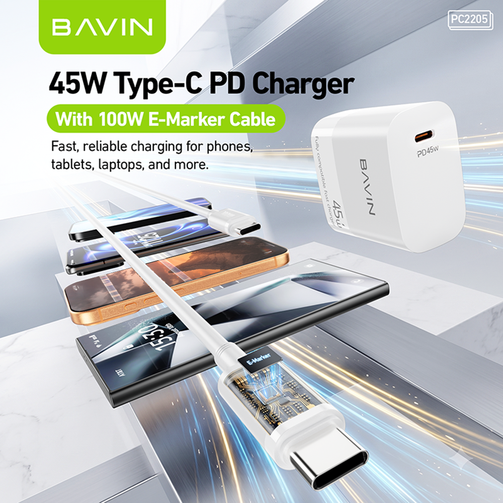 BAVIN PC2205 45W GaN PD USB-C Fast Charging Charger + 1M 100W Data Cable for Laptop, iPhone 17, Android