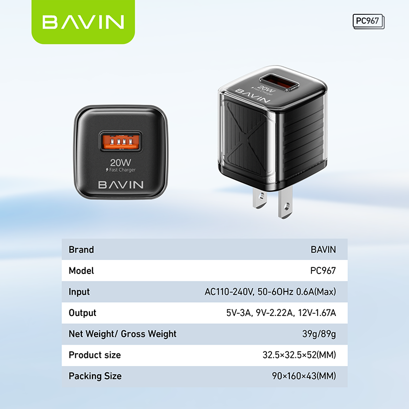 BAVIN C-PC967 20W Mini Fast Charger w/ Intelligent Chip for iPhone 16 & Android