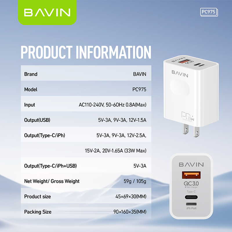 BAVIN C-PC975-CC 33W Fast Charger w/ USB-C, QC3.0 & iPhone Ports