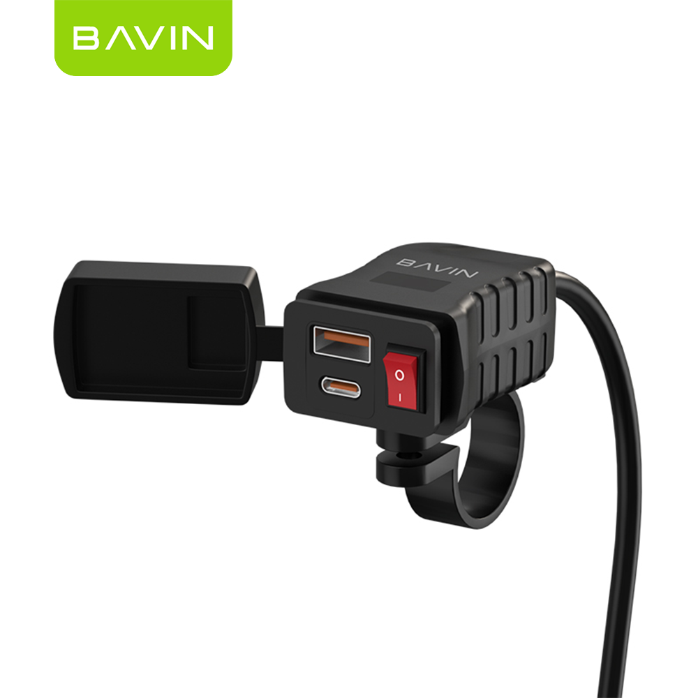 BAVIN PS98 30W Fast Charger for Motorcycles w/ Built-In Retractable Type-C Cable & USB + Type-C Port