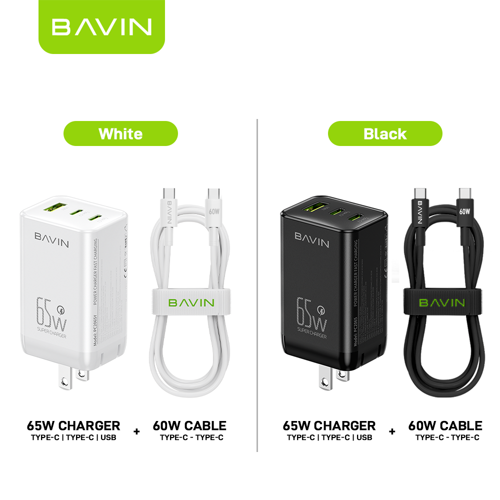 BAVIN PC2065 65W PD+QC Fast Charger w/ Type-C+USB Ports & Cable Set for Laptop /Tablet / Smartphones