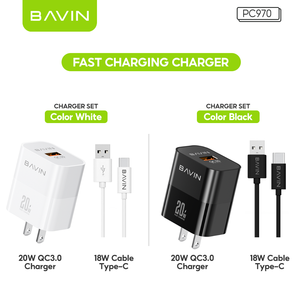 BAVIN C-PC970-XX 20W Fast Charger, QC3.0 for Micro USB, iPh & Type-C Devices