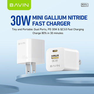 BAVIN C-PC977-XX GaN 30W PD Fast Charger w/ USB-C & USB Ports
