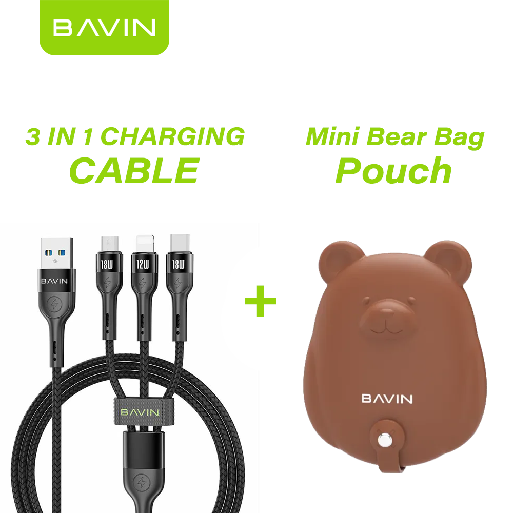 BAVIN U-CB236-3 3in1 Fast Charging Braided Cable, 18W High Density Safe Compatible w/ Micro iPhone & Type-C w/Free Bear Organizer