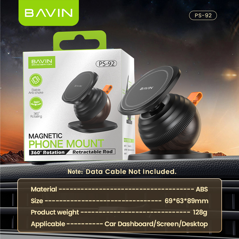 BAVIN PS92 2in1 360°Rotating Magnetic Phone Holder w/ Retractable Rod Adjustment, Strong Magnet & Silicone Cable Organizer