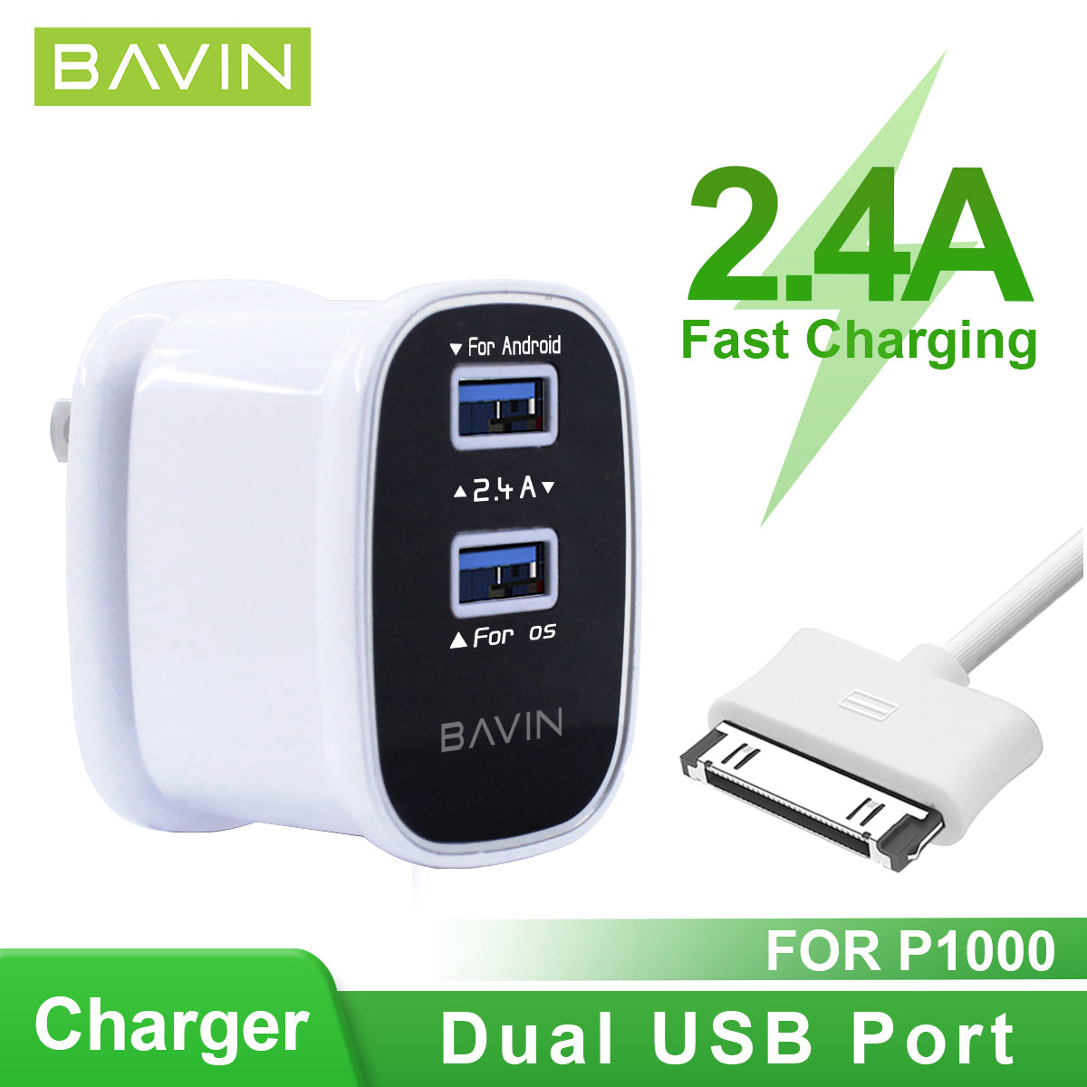 BAVIN C-PC727-XX 2.4A Dual USB Wall Charger with Cable for iPhone, Micro & Type-C