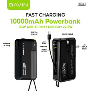 BAVIN Y-PC018 10000mAh 30W Fast Charging Power Bank w/ Built-in Cable