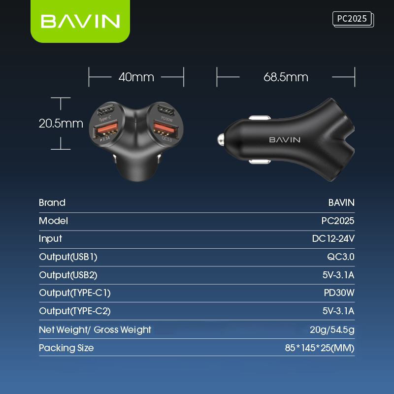 BAVIN C-C-PC2025 30W PD Fast Car Charger w/ 4 Ports (Dual USB & Type-C)