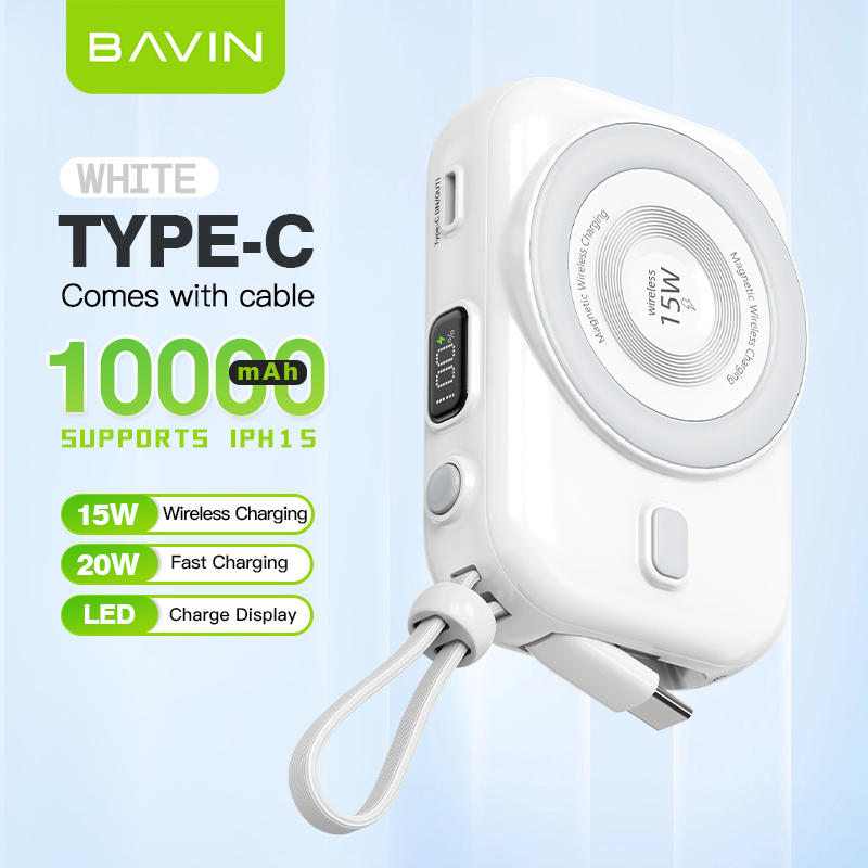 BAVIN Y-PC1085 10000mAh Mini Fast Charging Wireless Powerbank w/ Built-In Cable
