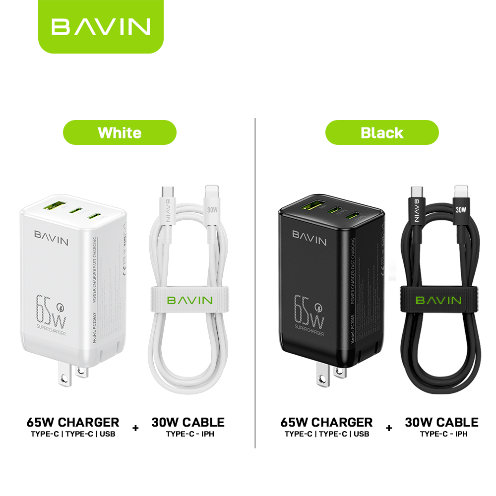 BAVIN C-PC2065-CC 65W PD+QC Fast Charging w/ Type-C+USB Multi Ports Output Charger Cable Set