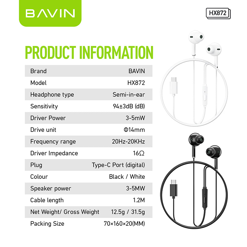 BAVIN H-C-HX872 HiFi Bass Type-C Wired Earphones w/ Mic & Stereo Sound