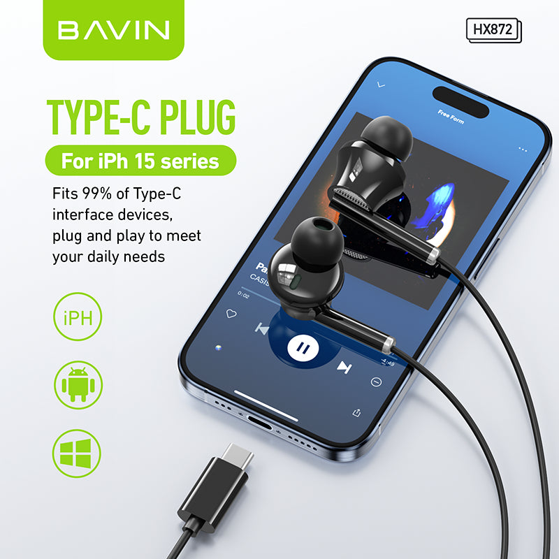 BAVIN H-C-HX872 HiFi Bass Type-C Wired Earphones w/ Mic & Stereo Sound