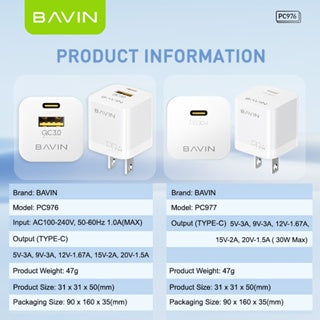 BAVIN C-PC977-XX GaN 30W PD Fast Charger w/ USB-C & USB Ports