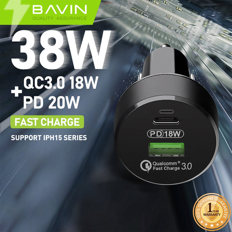 BAVIN C-C-PC309 20W PD Fast Car Charger w/ Dual Ports Compatible for iPhone 16 Series