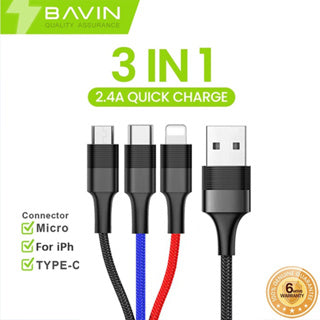 BAVIN U-CB163-3 3in1 USB Charging Cable 2.4A Quick Charge Braided Nylon Cable