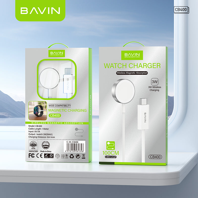 BAVIN CB400 3W Smartwatch Wireless Magnetic Charger w/ Type-C Cable for iPhone Series 1–10/SE/Ultra