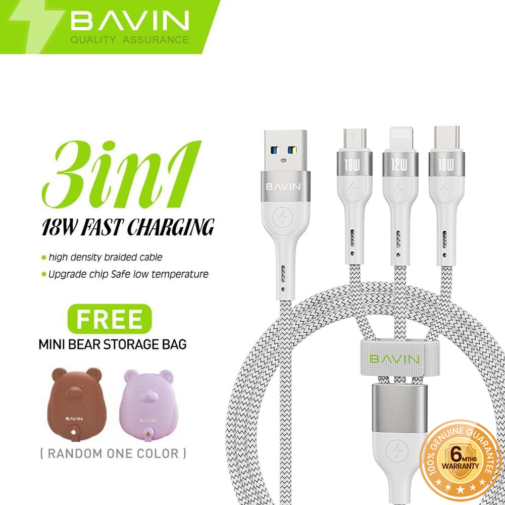 BAVIN U-CB236-3 3in1 Fast Charging Braided Cable, 18W High Density Safe Compatible w/ Micro iPh & Type-C w/Free Bear Organizer