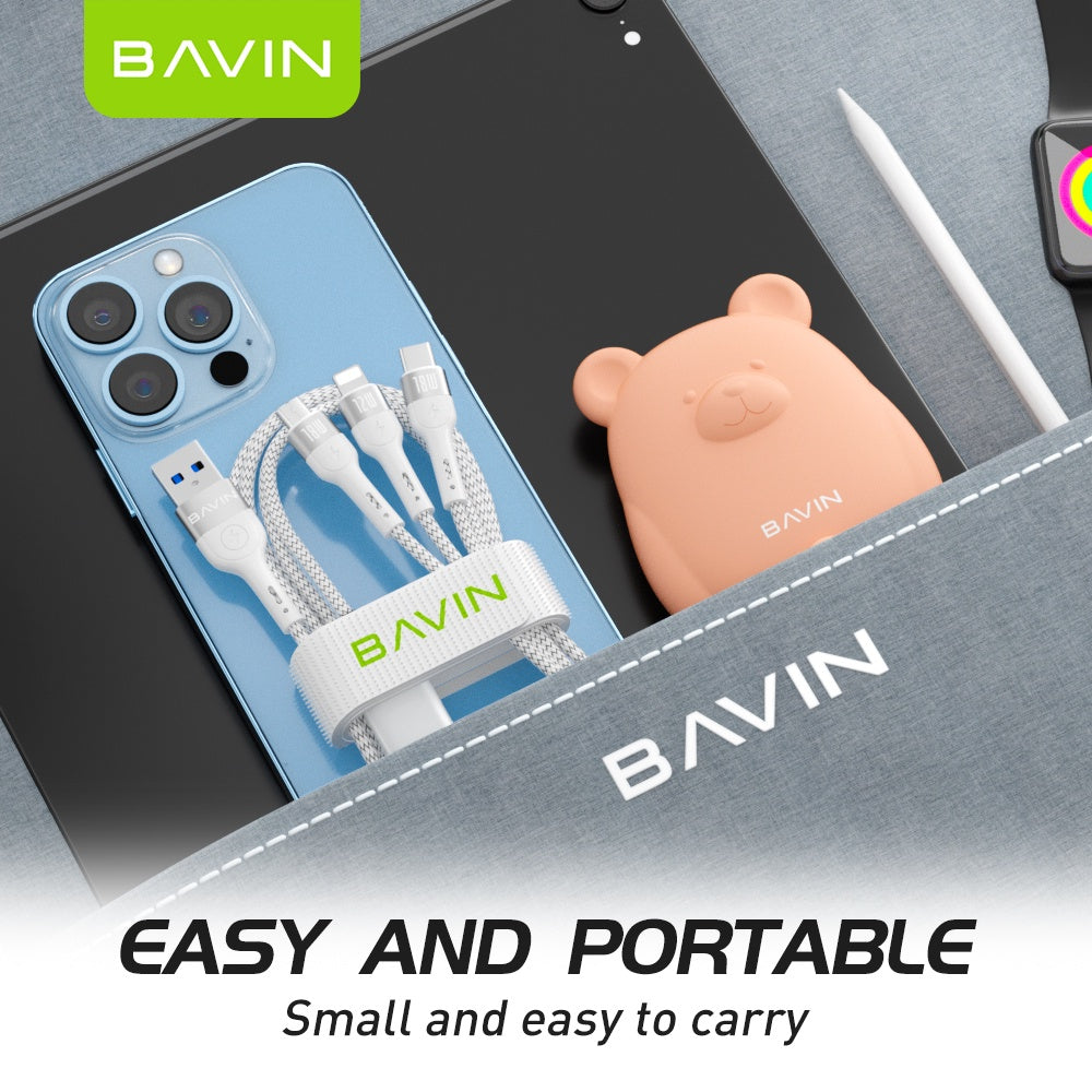 BAVIN U-CB236-3 3in1 Fast Charging Braided Cable, 18W High Density Safe Compatible w/ Micro iPhone & Type-C w/Free Bear Organizer