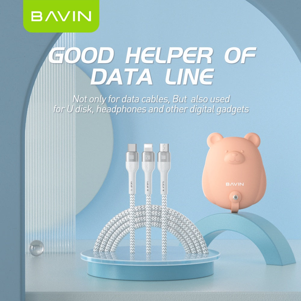 BAVIN U-CB236-3 3in1 Fast Charging Braided Cable, 18W High Density Safe Compatible w/ Micro iPhone & Type-C w/Free Bear Organizer
