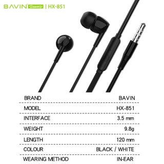BAVIN H-3.5-HX851 3.5mm Waterproof Earphones w/ Silicone Buds & Mic
