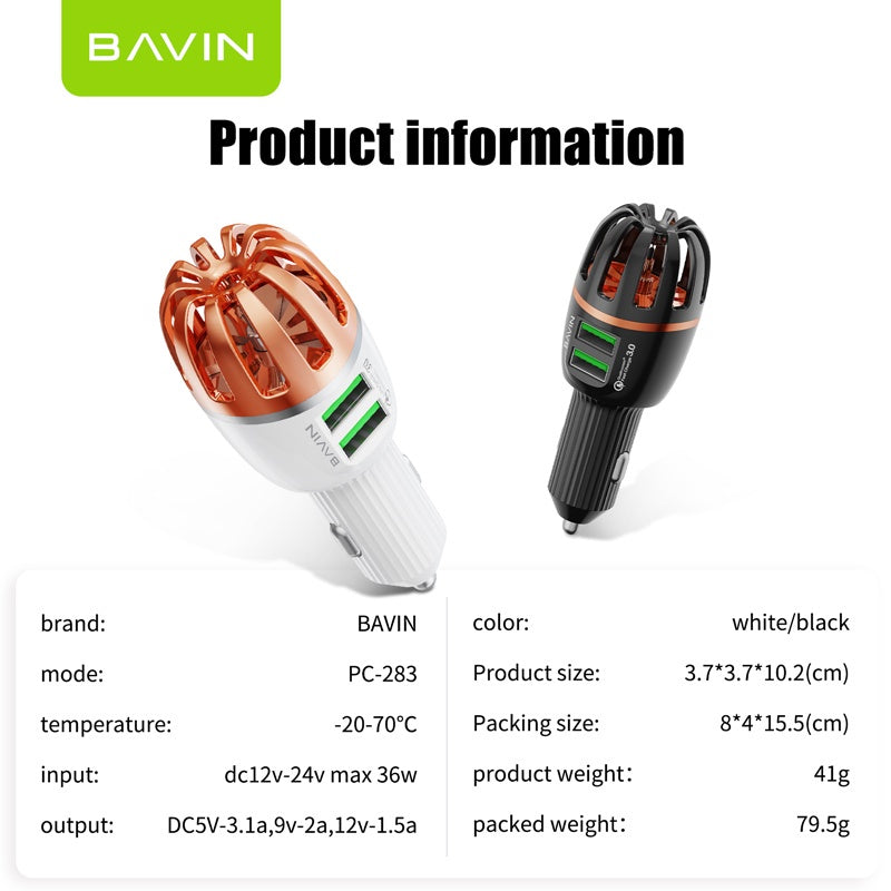 BAVIN C-C-PC283 36W QC3.0 Fast Car Charger w/ Air Purifier Ionizer