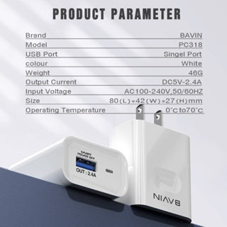 BAVIN C-PC318-XX 2.4A Universal Charger w/ Intelligent Power Off & 1m Cable for Micro, Type-C, iPhone