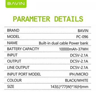 BAVIN Y-PC096 10000mAh Fast Charging Powerbank w/ Built-in Cable