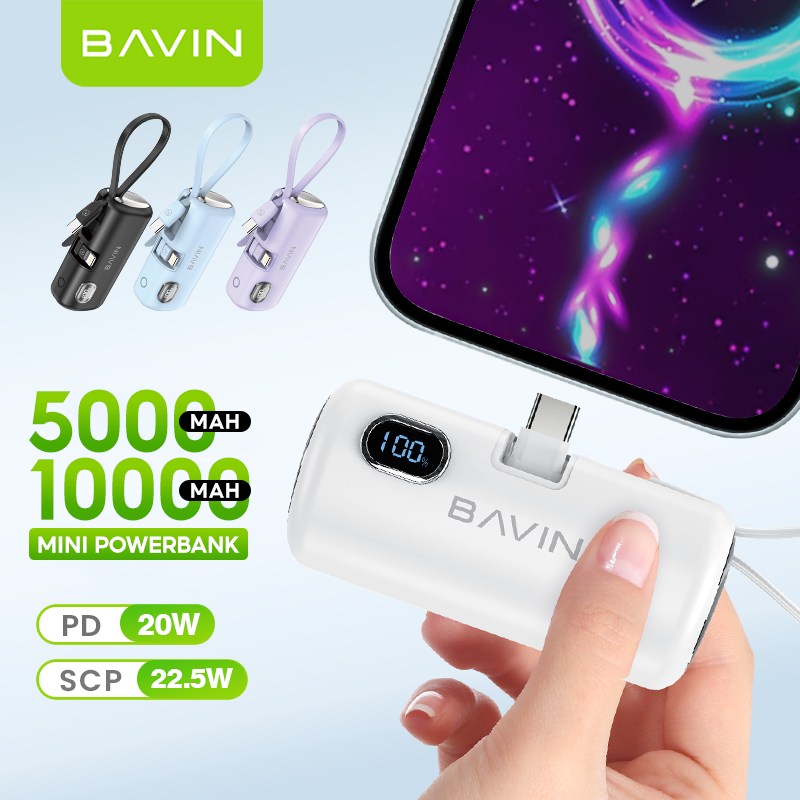 BAVIN PC1091S 5000mAh / PC1201S 10000mAh Mini Fast Charging Powerbank 22.5W USB-C Input/Output, Built-in Cable & Stand