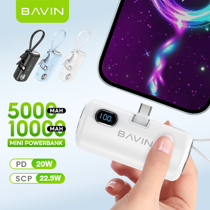 BAVIN PC1091S 5000mAh / PC1201S 10000mAh Mini Fast Charging Powerbank 22.5W USB-C Input/Output, Built-in Cable & Stand