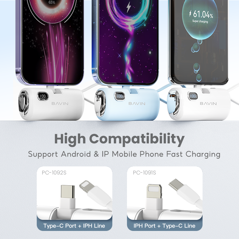 BAVIN PC1091S 5000mAh / PC1201S 10000mAh Mini Fast Charging Powerbank 22.5W USB-C Input/Output, Built-in Cable & Stand