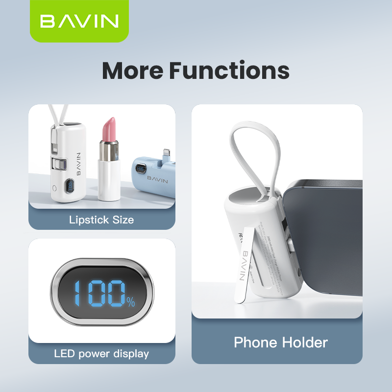BAVIN PC1091S 5000mAh / PC1201S 10000mAh Mini Fast Charging Powerbank 22.5W USB-C Input/Output, Built-in Cable & Stand
