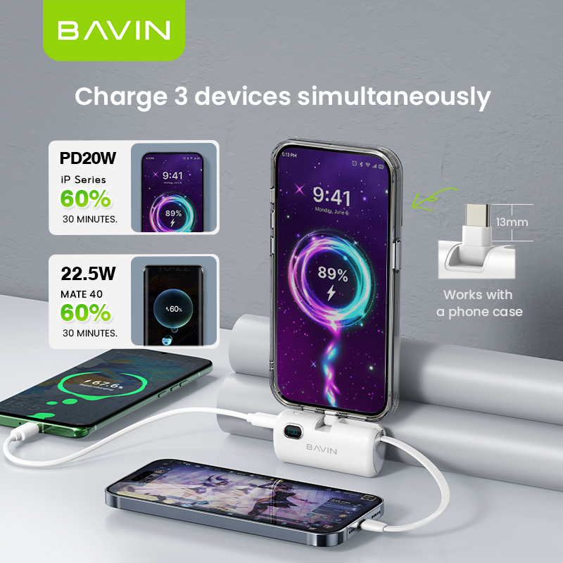 BAVIN PC1091S 5000mAh / PC1201S 10000mAh Mini Fast Charging Powerbank 22.5W USB-C Input/Output, Built-in Cable & Stand