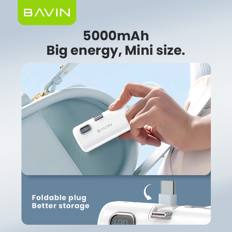BAVIN PC1091S 5000mAh / PC1201S 10000mAh Mini Fast Charging Powerbank 22.5W USB-C Input/Output, Built-in Cable & Stand