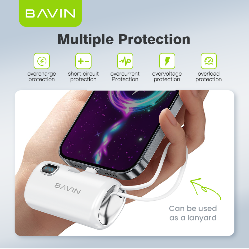BAVIN PC1091S 5000mAh / PC1201S 10000mAh Mini Fast Charging Powerbank 22.5W USB-C Input/Output, Built-in Cable & Stand