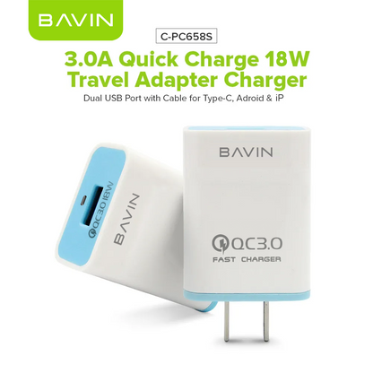 BAVIN PC658 Qc3.0 Quick Charging Charger W/ Charging Cable for iPhone / Micro / Type-C