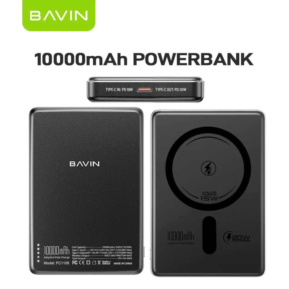 BAVIN PC1095 / PC1106 10000mAh 15W Ultra Thin Fast Charging Wireless Powerbank w/ Free Magnetic Ring