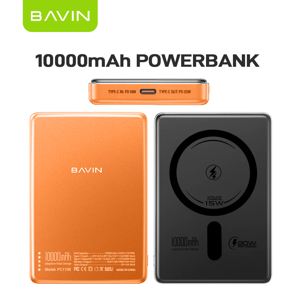 BAVIN PC1095 / PC1106 10000mAh 15W Ultra Thin Fast Charging Wireless Powerbank w/ Free Magnetic Ring