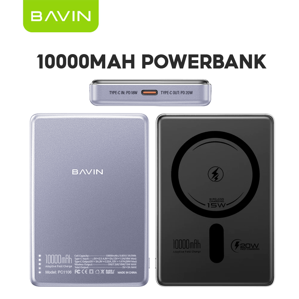 BAVIN PC1095 / PC1106 10000mAh 15W Ultra Thin Fast Charging Wireless Powerbank w/ Free Magnetic Ring