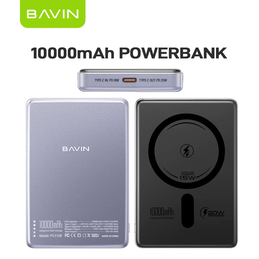 BAVIN PC1095 / PC1106 10000mAh 15W Ultra Thin Fast Charging Wireless Powerbank w/ Free Magnetic Ring