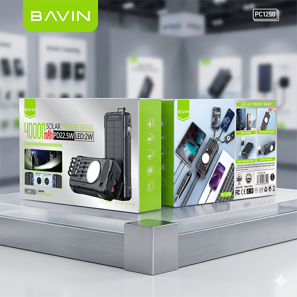BAVIN PC1250 Portable Multifunctional 40000mAh PD 22.5W Fast Charge Solar Powerbank Built-in Cables
