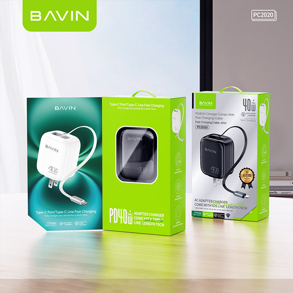 BAVIN PC2020 40W PD Fast Charging AC Adapter Built in Retractable iPhone Cable for iPhone 17/Android /Laptop