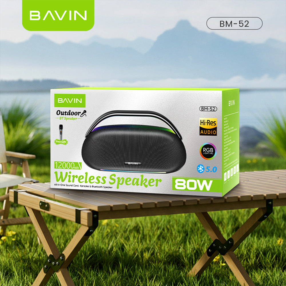 BAVIN BM52 TWS 80W Powerful Sound Party Bluetooth Speaker w/ 12000mAh Powerbank, Wireless Mic + RGB