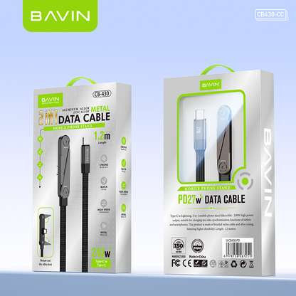 BAVIN CB430 2-in-1 240W PD Type-C Fast Charging Data Cable 1.2m w/ Foldable Stand for iPhone & Android