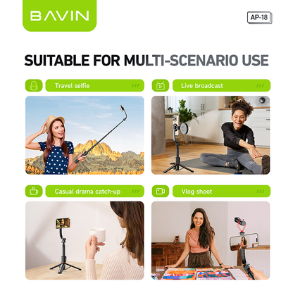 BAVIN P18 Magnetic Retractable Selfie Stick w/ Bluetooth Remote Extendable & Adjustable Tripod