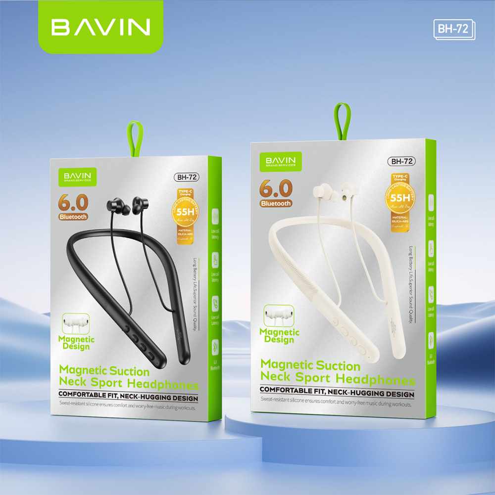 BAVIN BH72 HiFi Bluetooth 6.0 Wireless Magnetic Neckband Sports Headphones 55H Playtime Built-in Mic