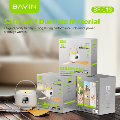 BAVIN BF018 5-in-1 Portable Outdoor Ultra Quiet Type-C Rechargeable Ceiling Fan w/ Light, Remote Control