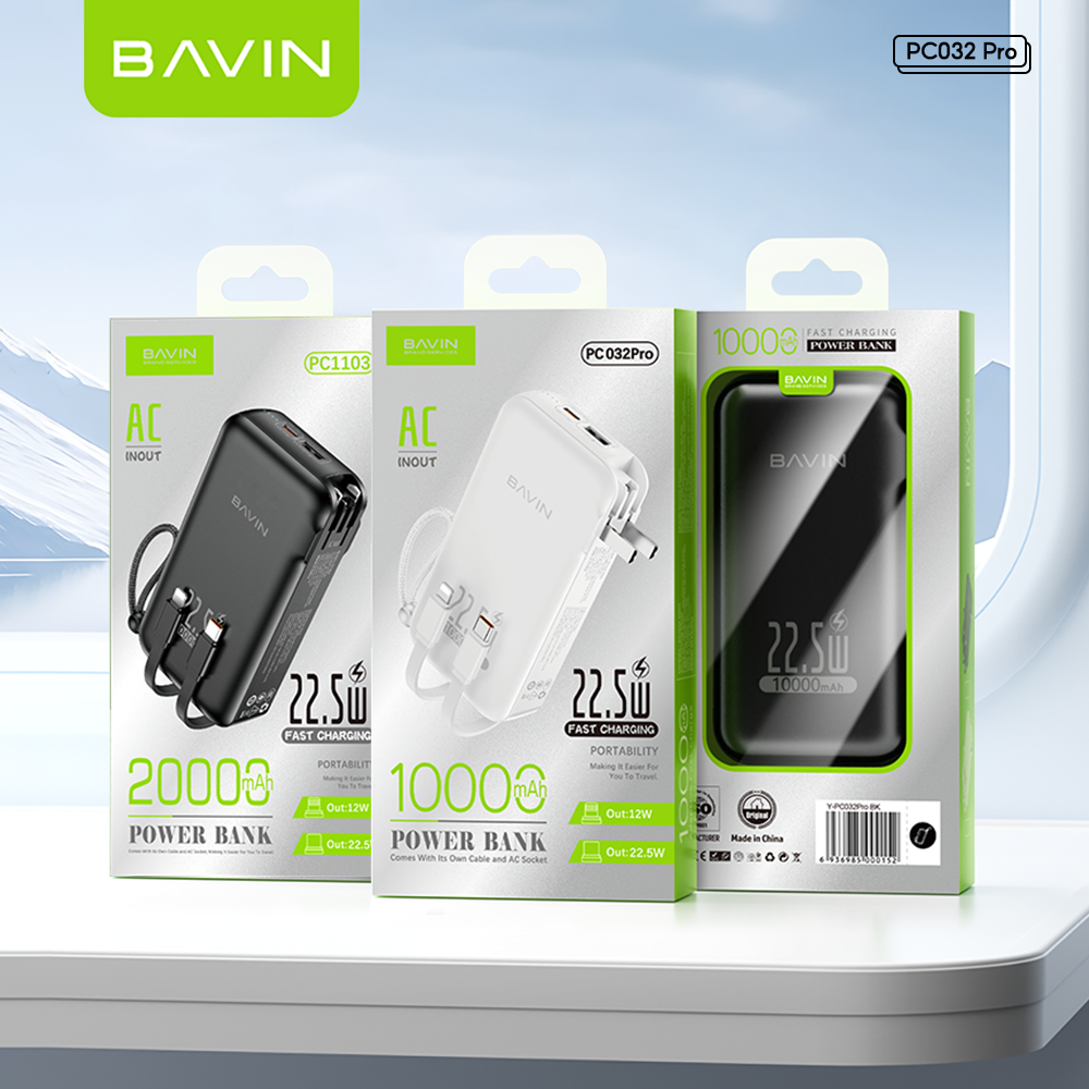 BAVIN Y-PC032 Pro / Y-PC1103 2-in-1 Charger & Powerbank 10000/20000mAh 22.5W Fast Charging w/ Dual Cables & Foldable AC Plug