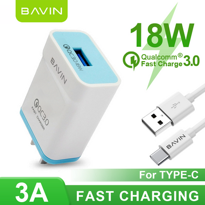 BAVIN PC658 Qc3.0 Quick Charging Charger W/ Charging Cable for iPhone / Micro / Type-C
