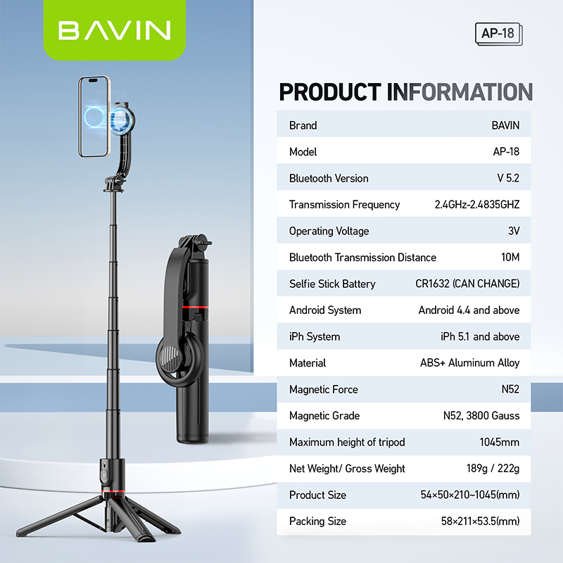 BAVIN P18 Magnetic Retractable Selfie Stick w/ Bluetooth Remote Extendable & Adjustable Tripod